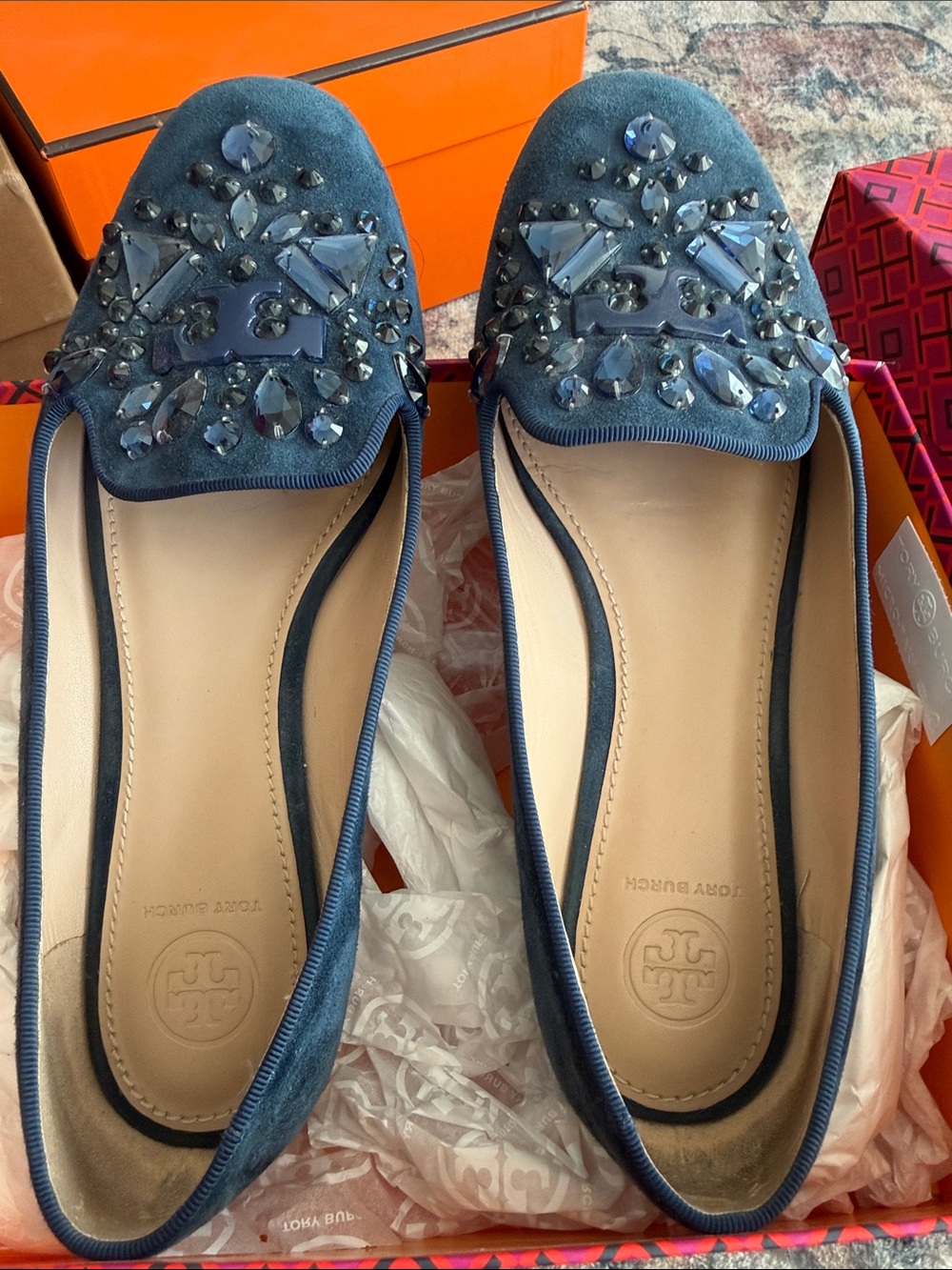 Tory Burch Navy Suede Jeweled Flats